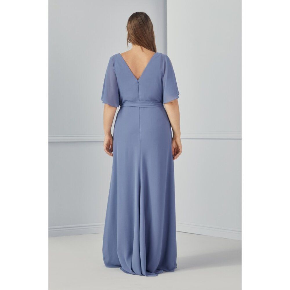 Long Chiffon Bridesmaids Dress With Split Elbow Sleeve. Amsale French Blue - Picture 8 of 12